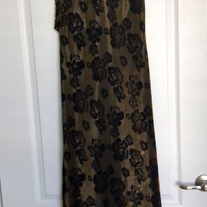Long holiday gown, gold and black, backless, size 10